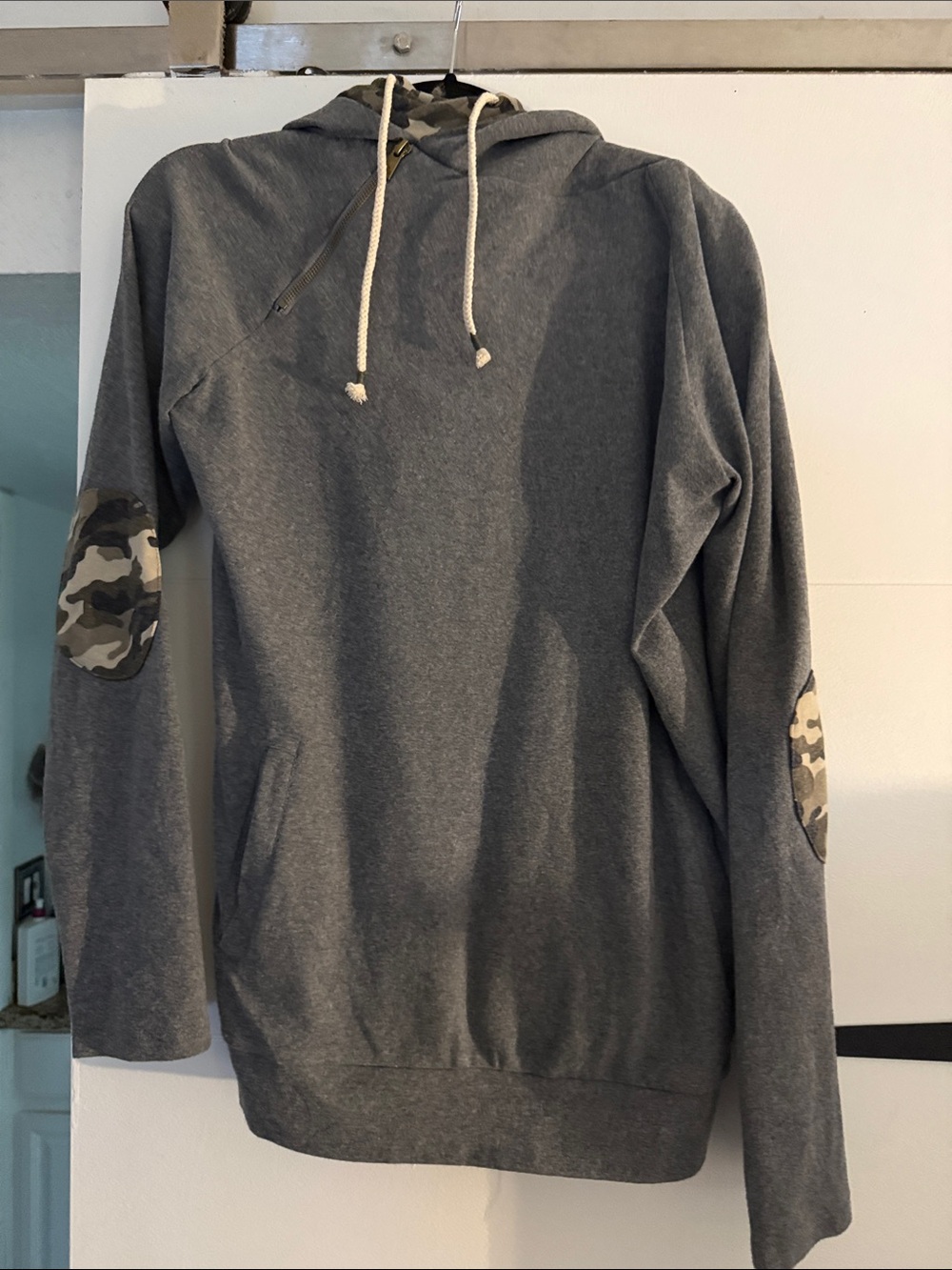 AMPERSAND AVE Gray Hooded Pullover with Camo Elbow Patches